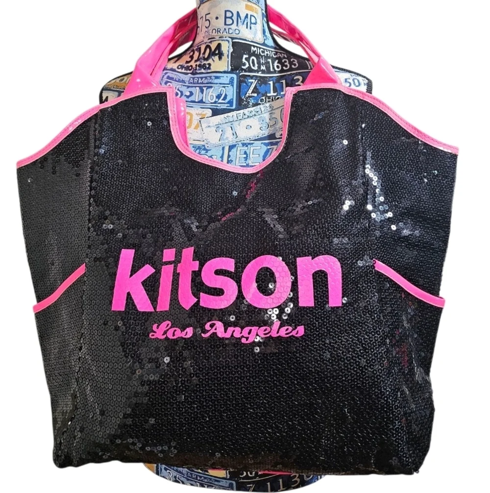 Y2K Kitson Los Angeles Black and Pink Patent Sequin Tote Shoulder Bag